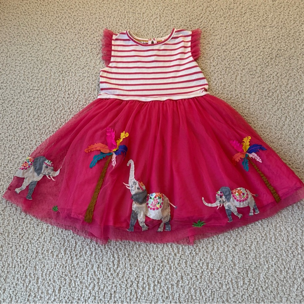 SOLD on CP - Mini Boden Pink Striped Dress with Elephant and Palm Tree